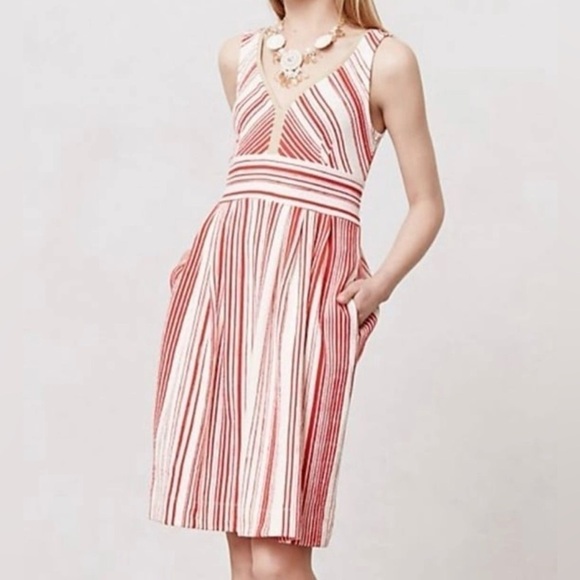 ANTHROPOLOGIE Postmark Poppy Stripe Dress Red Cream V-Neck Knee Length Size 2 - Picture 2 of 14